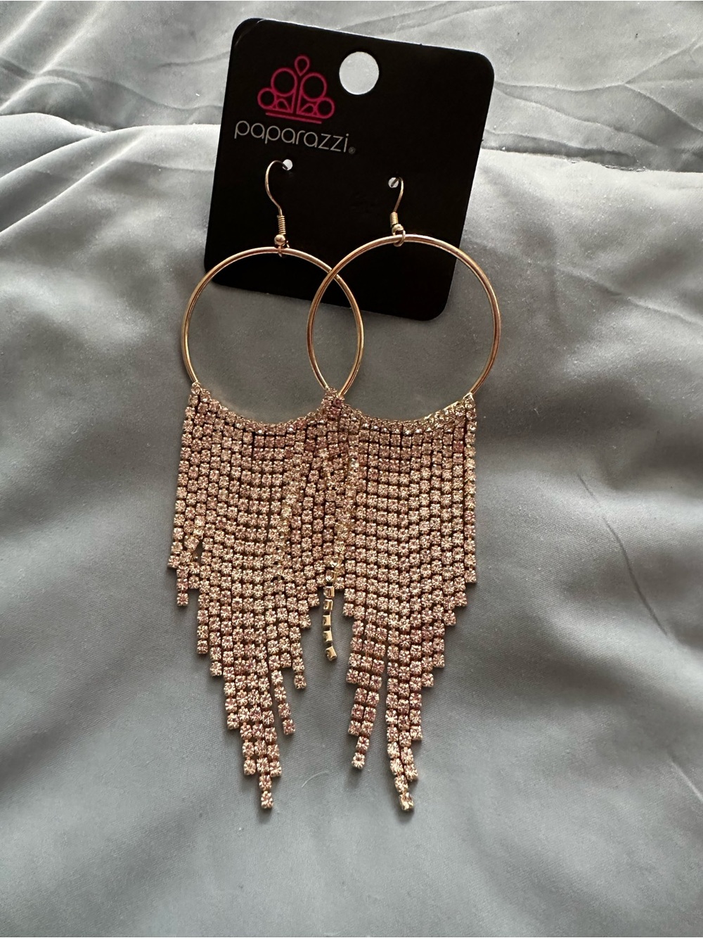 paparazzi Rose Gold Rhinestone Fringe Hoop Earrings